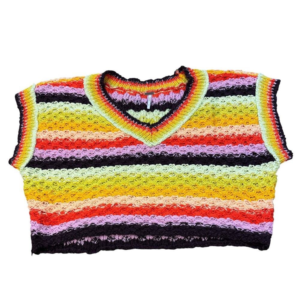 Free People Crochet Knit Sweater Vest Rainbow Stripe Boho Festival Crop Small